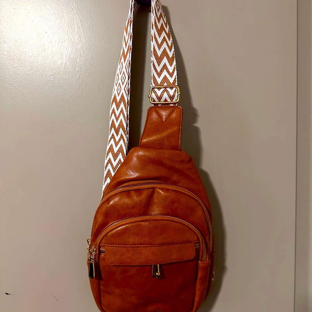Brown Sling Bag With Patterned Strap - image 1